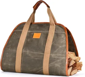 Heavy-Duty Waxed Canvas Wood Carrying Bag for Firewood - Large Capacity, Durable Firewood Log Carrier Tote with Handle