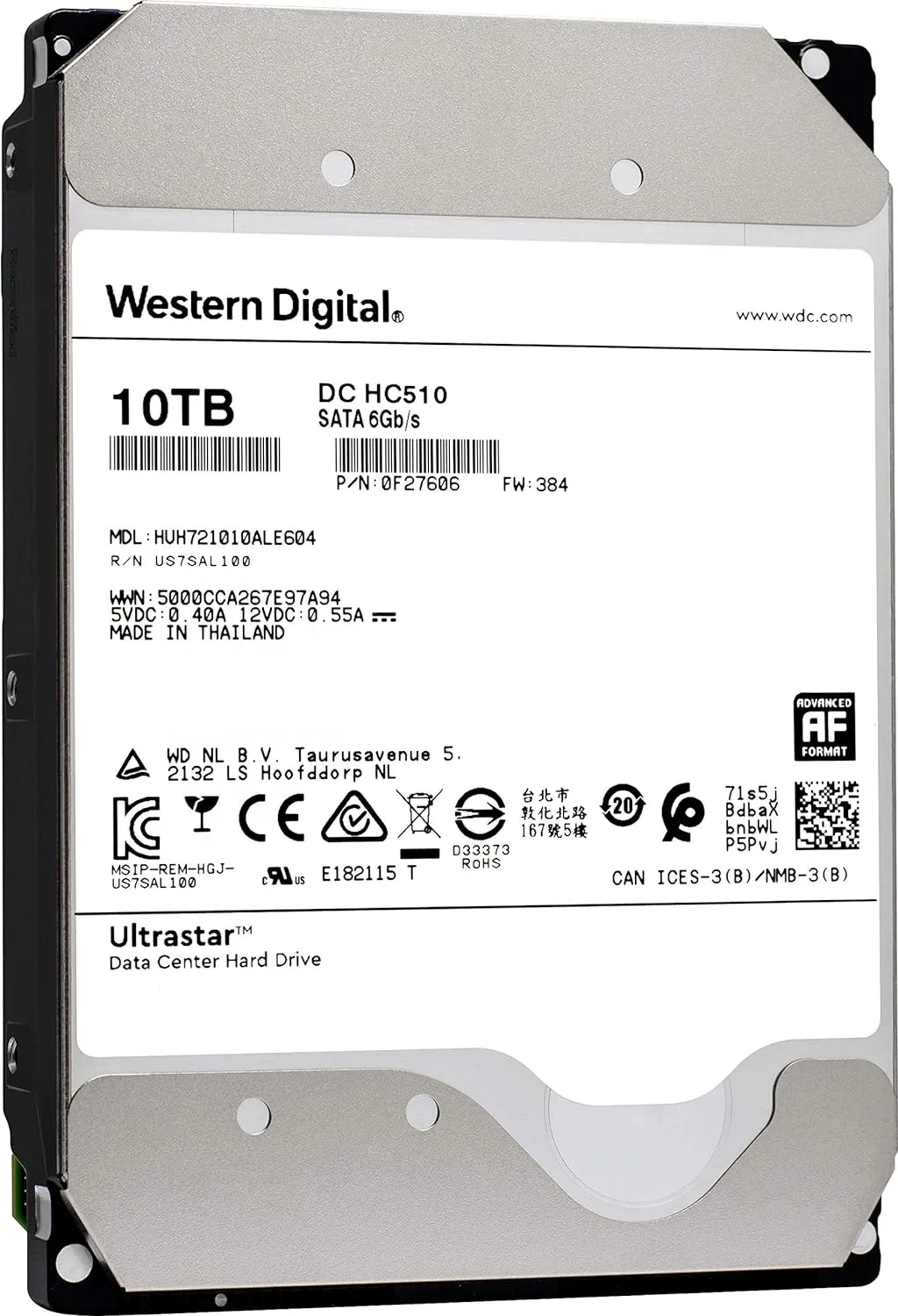 HGST WD Ultrastar DC HC510 10TB 7200 RPM SATA 6Gb/s 3.5" Helium Platform Enterprise Hard Disk Drive - HUH721010ALE604 (0F27606)