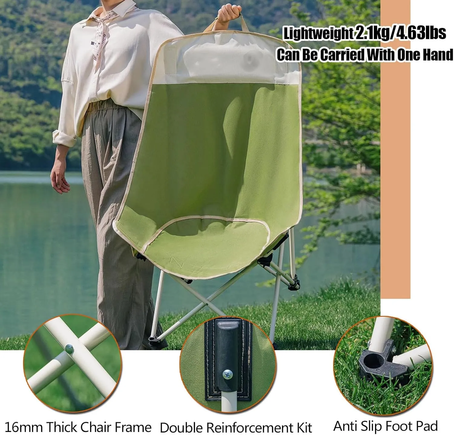 High Back Folding Camping Chair 120kg, Portable Adult Fishing Chair Without Installation, Lightweight Beach Reclining Chair Suitable for Travel, Hiking, Picnic, Garden, Hotel
