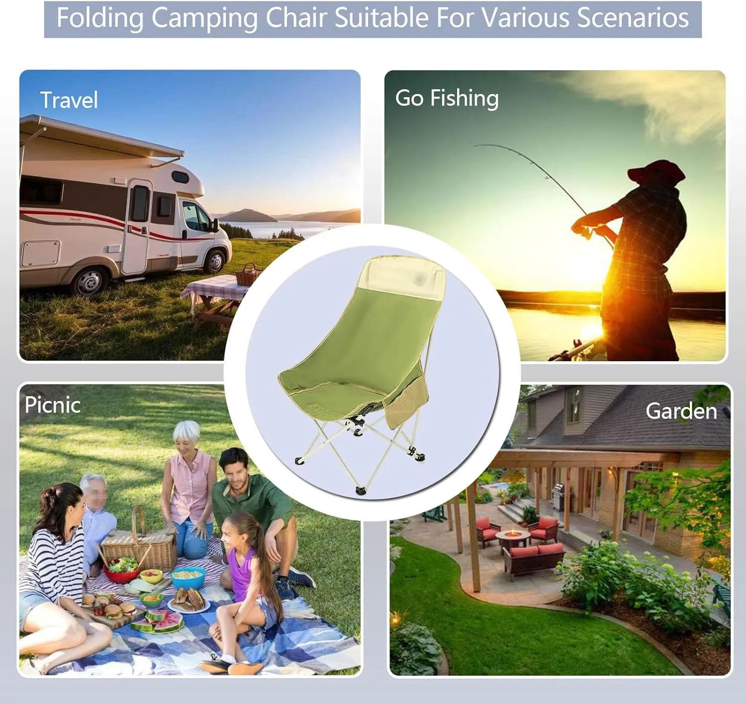 High Back Folding Camping Chair 120kg, Portable Adult Fishing Chair Without Installation, Lightweight Beach Reclining Chair Suitable for Travel, Hiking, Picnic, Garden, Hotel