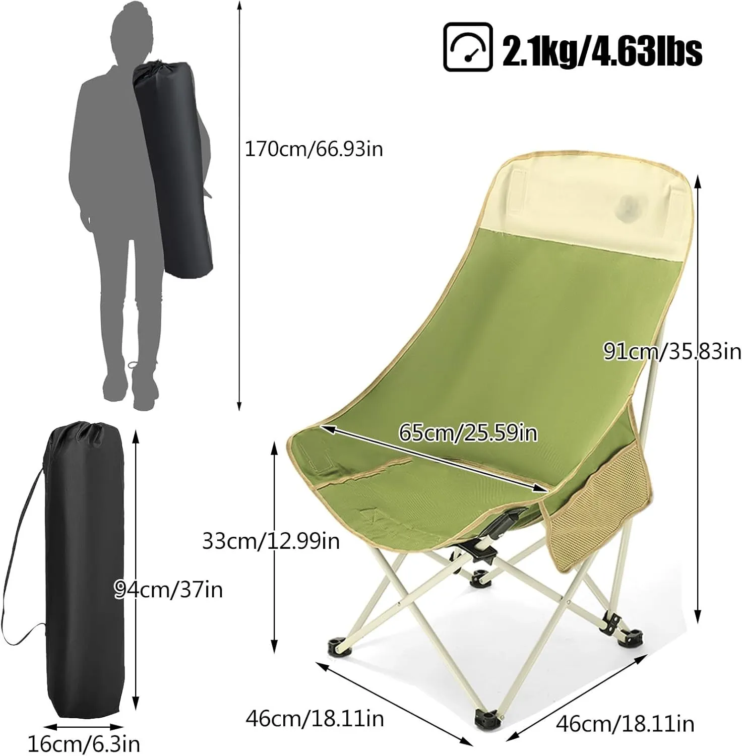 High Back Folding Camping Chair 120kg, Portable Adult Fishing Chair Without Installation, Lightweight Beach Reclining Chair Suitable for Travel, Hiking, Picnic, Garden, Hotel