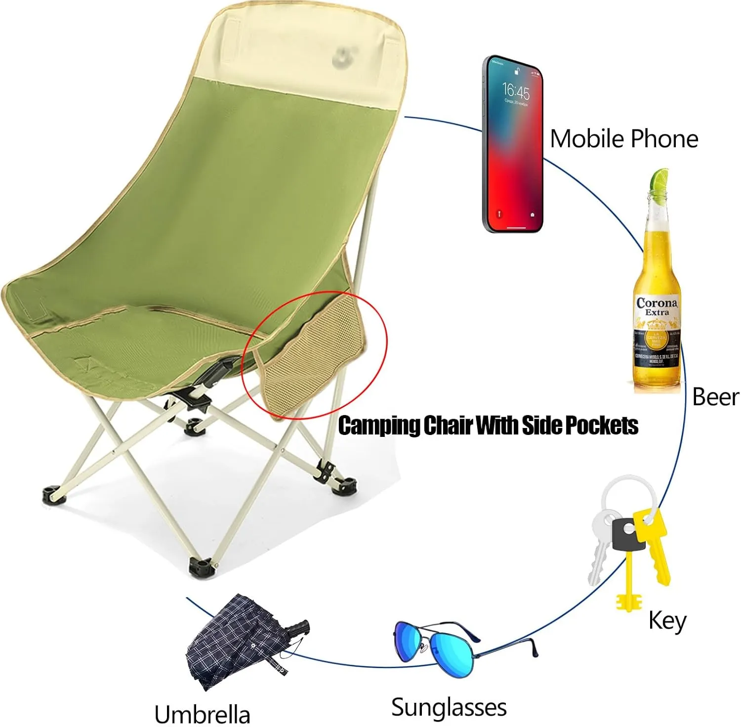 High Back Folding Camping Chair 120kg, Portable Adult Fishing Chair Without Installation, Lightweight Beach Reclining Chair Suitable for Travel, Hiking, Picnic, Garden, Hotel