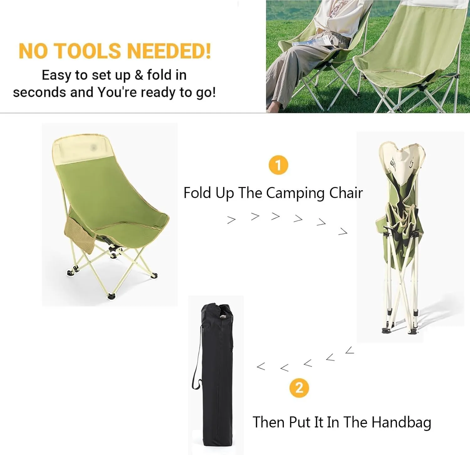 High Back Folding Camping Chair 120kg, Portable Adult Fishing Chair Without Installation, Lightweight Beach Reclining Chair Suitable for Travel, Hiking, Picnic, Garden, Hotel