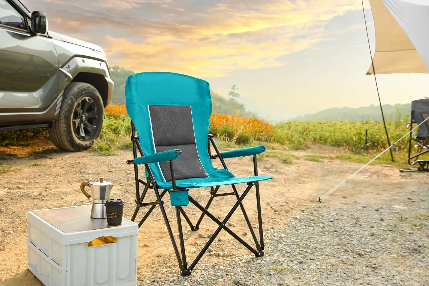 High Back Heavy Duty Folding Chair, Sturdy Steel Frame Outdoor Camping Chair, Portable Armrest Lawn Chair with Cup Holder, Load-Bearing Support 250LBS，Suitable for Outdoor (Blue)