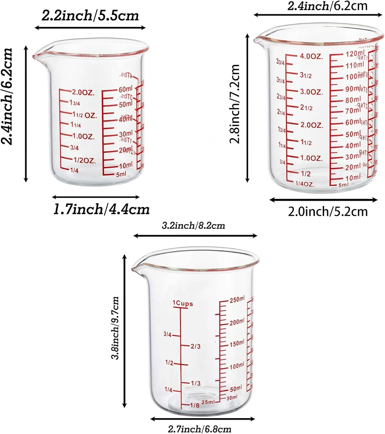 High Borosilicate Glass Measuring Cup Set-V-Shaped Spout，Includes 60ml(2OZ), 120ml(4OZ), and 250ml(8OZ) Glass Measuring Beaker for Kitchen or Restaurant, Easy to Read