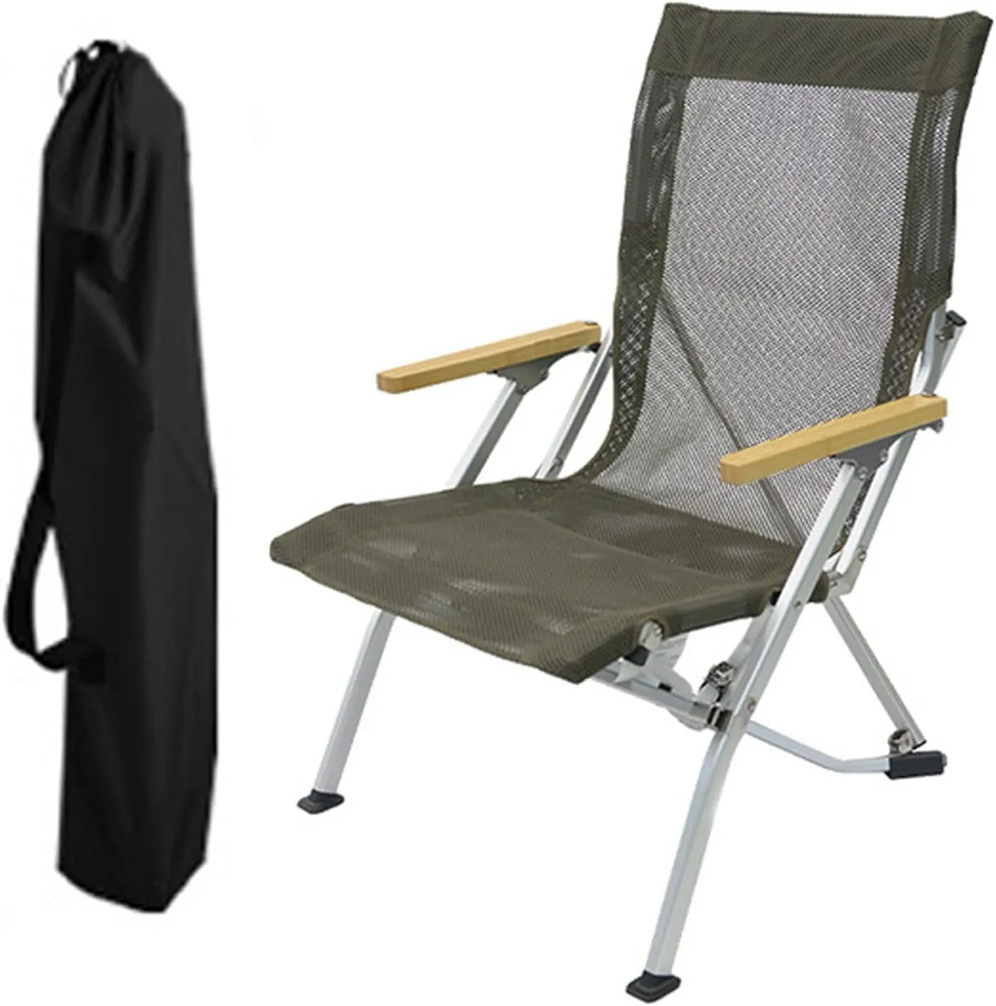 Hight Back Foldable Camping Chair Portable Outdoor Folding Chairs with Armrest and Storage Bag,Casual Beach Chair Reclining for Hiking Fishing, Gray, Army Green Mesh