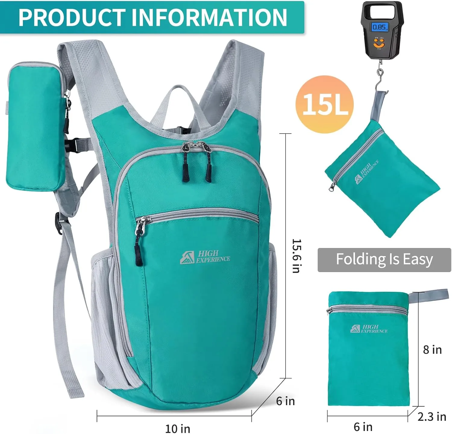 Hiking Backpack 10L/15L Small Daypack Lightweight Packable Travel Foldable Water Resistan for Women Men (Lake Green, 15L)