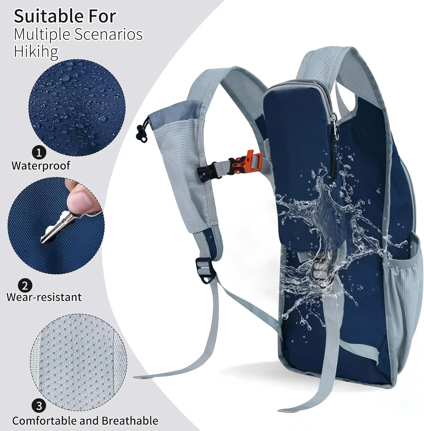 Hiking Backpack 10L/15L Small Daypack Lightweight Packable Travel Foldable Water Resistan for Women Men (Navy Blue, 10L)