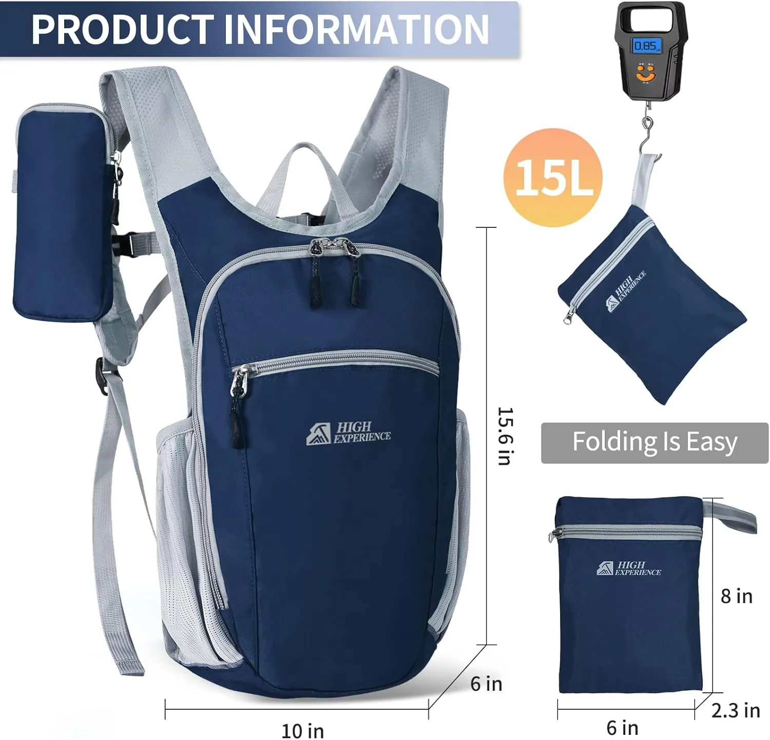 Hiking Backpack 10L/15L Small Daypack Lightweight Packable Travel Foldable Water Resistan for Women Men (Navy Blue, 15L)