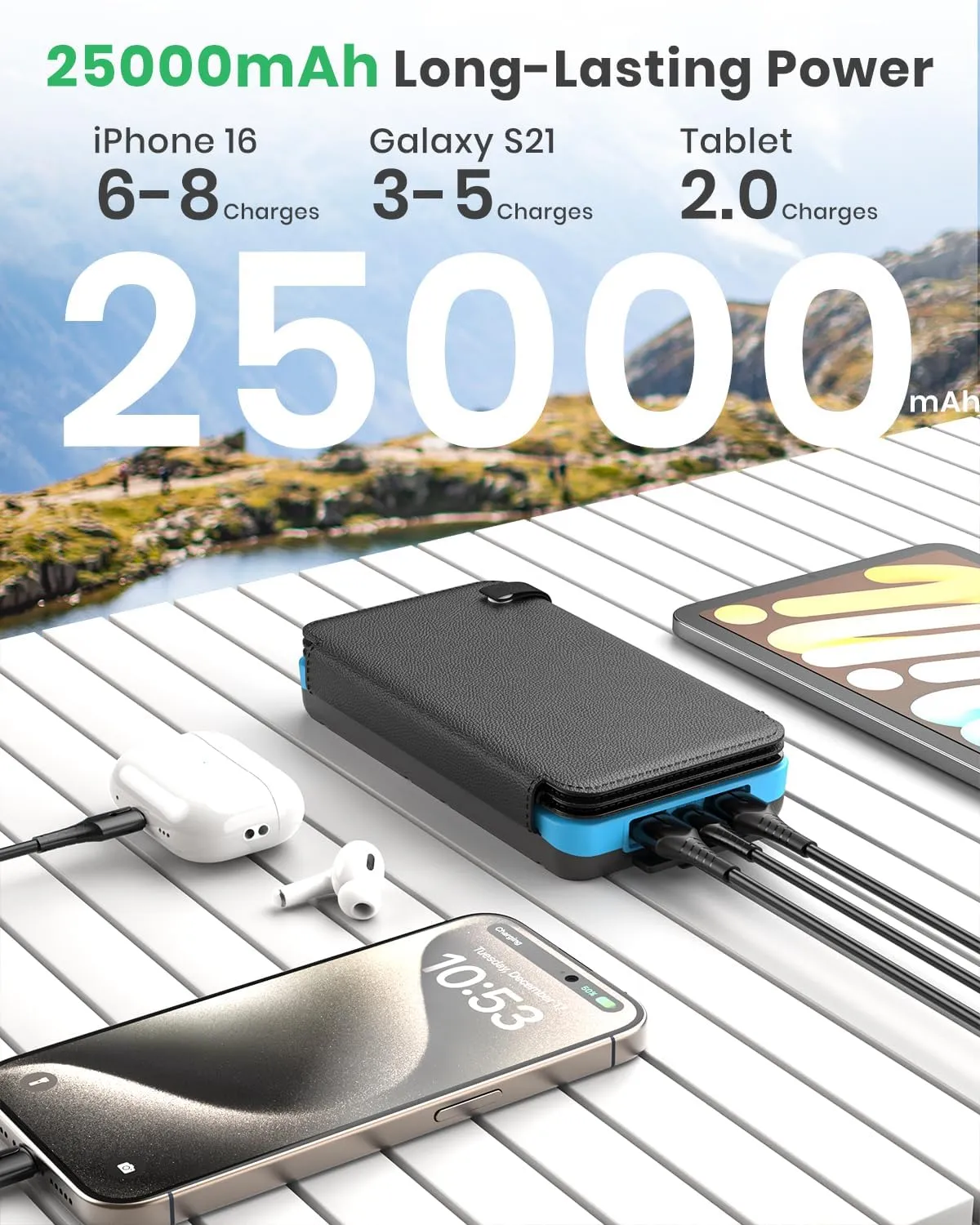 Hiluckey Solar Charger 25000mAh, Outdoor USB C Portable Power Bank with 4 Solar Panels, 3A Fast Charge External Battery Pack with 3 USB Outputs Compatible with Smartphones, Tablets, etc. (Blue)
