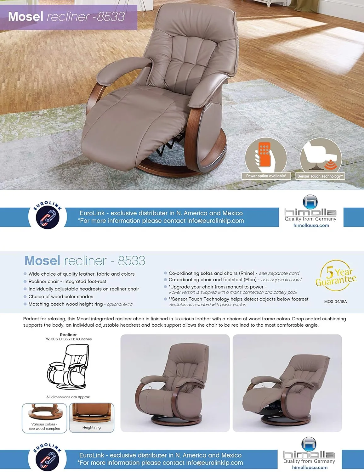 Himolla Mosel 8533-28S ZeroStress Electric Power Recline Recliner Chair in Soft Earth Leather