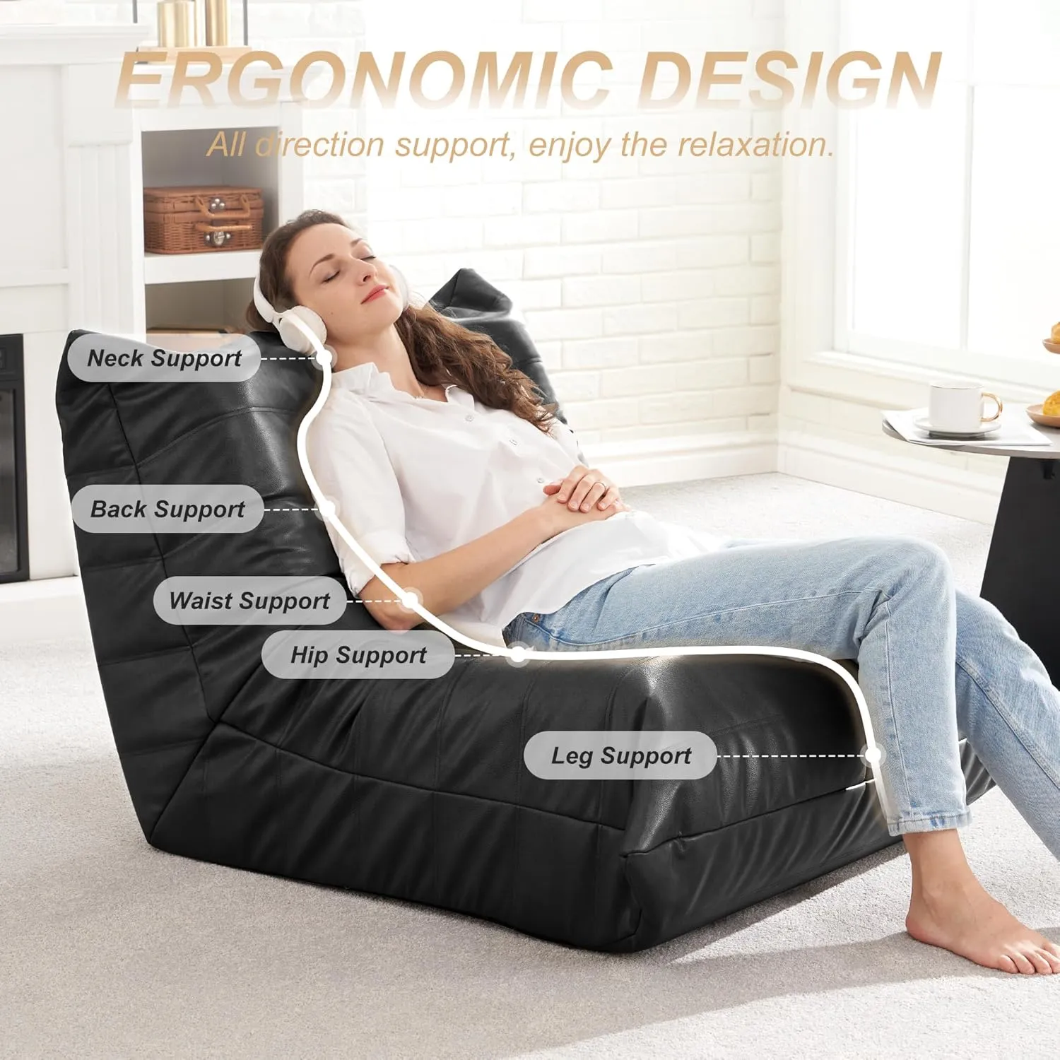 Hobestluk Bean Bag Chair Giant Bean Bag Sofa Memory Foam Bean Bag Chairs for Adults, Bean Bag Couches Faux Leather Bean Bag Chairs for Living Room Bedroom Dorm Office (Black)