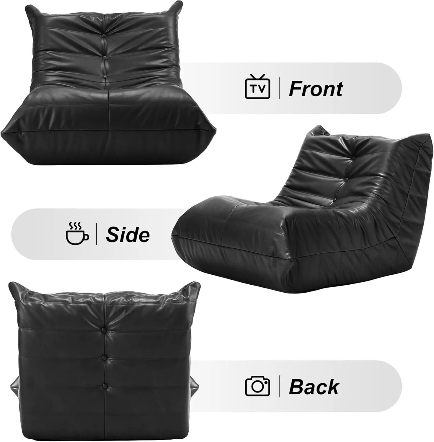 Hobestluk Bean Bag Chair Giant Bean Bag Sofa Memory Foam Bean Bag Chairs for Adults, Bean Bag Couches Faux Leather Bean Bag Chairs for Living Room Bedroom Dorm Office (Black)