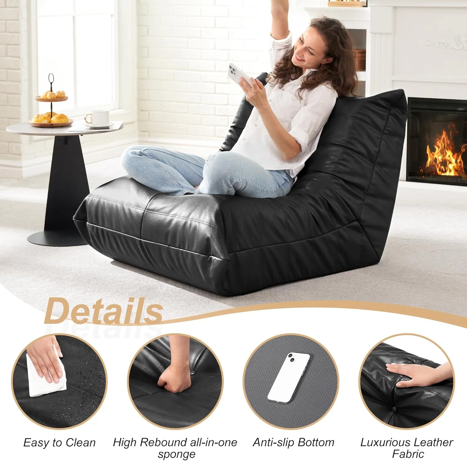 Hobestluk Bean Bag Chair Giant Bean Bag Sofa Memory Foam Bean Bag Chairs for Adults, Bean Bag Couches Faux Leather Bean Bag Chairs for Living Room Bedroom Dorm Office (Black)