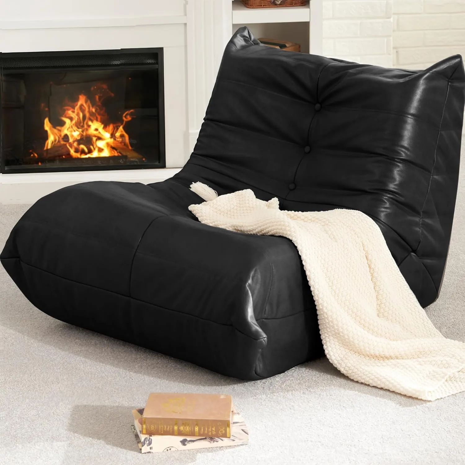 Hobestluk Bean Bag Chair Giant Bean Bag Sofa Memory Foam Bean Bag Chairs for Adults, Bean Bag Couches Faux Leather Bean Bag Chairs for Living Room Bedroom Dorm Office (Black)