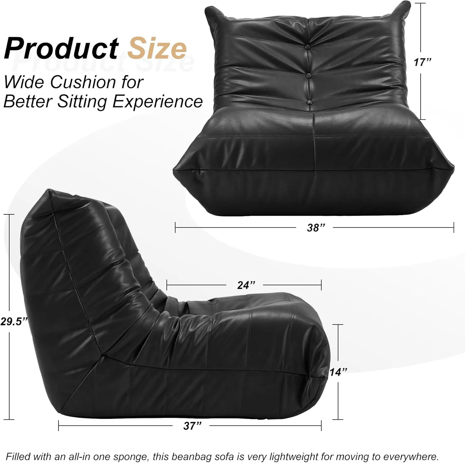 Hobestluk Bean Bag Chair Giant Bean Bag Sofa Memory Foam Bean Bag Chairs for Adults, Bean Bag Couches Faux Leather Bean Bag Chairs for Living Room Bedroom Dorm Office (Black)