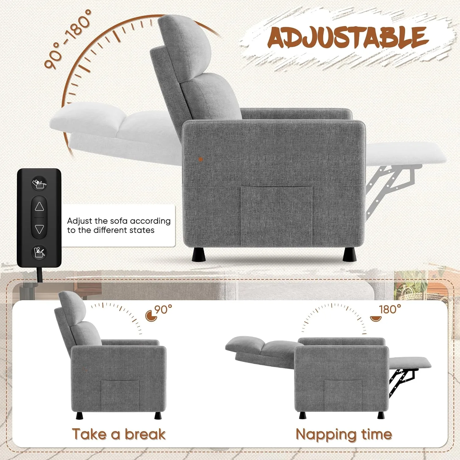 Homall Recliner Chair for Living Room, Recliner Sofa Home Theater Seating with Remote Control Adjustable Backrest and Footrest, Reclining Chairs for Adults (Fabric, Light Grey)