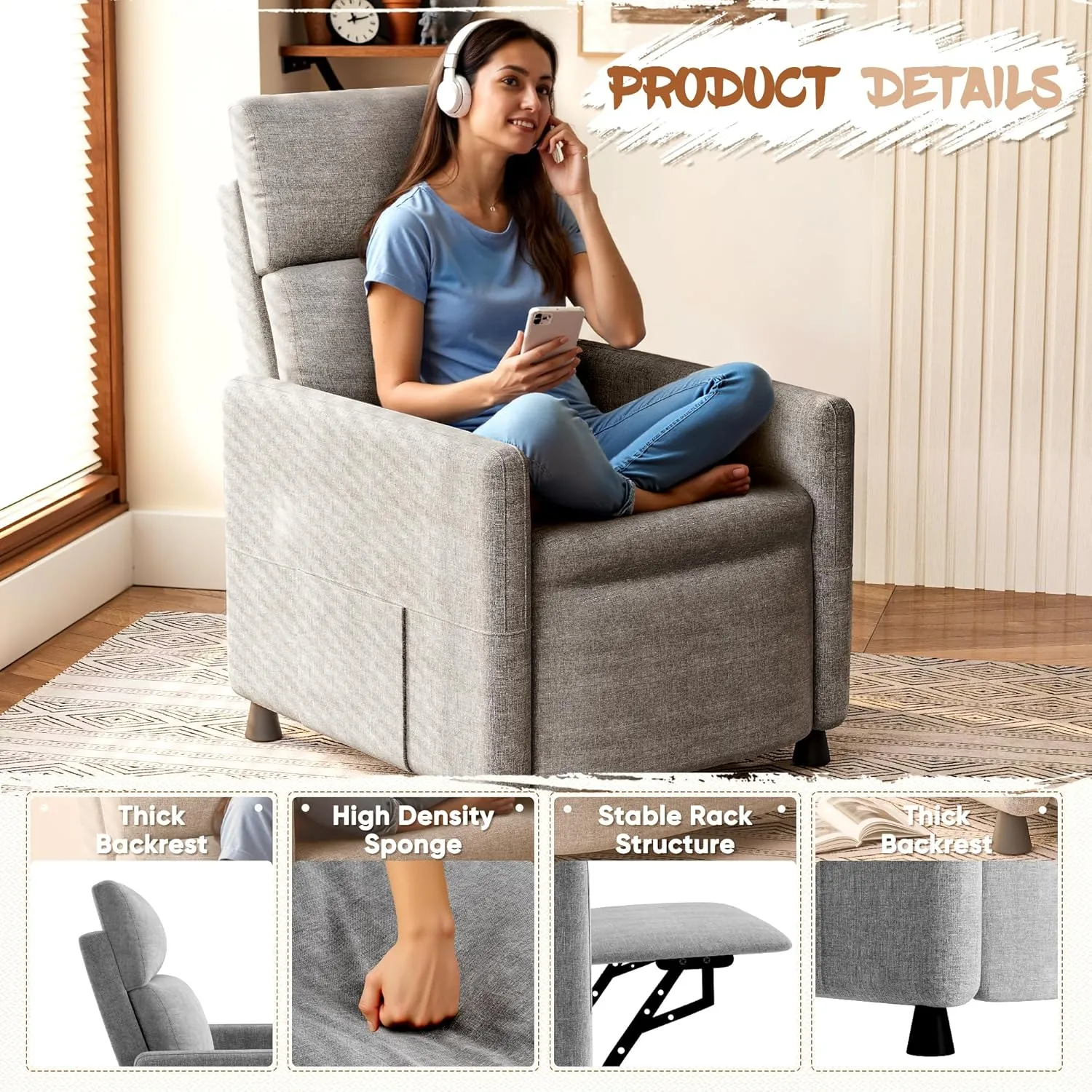 Homall Recliner Chair for Living Room, Recliner Sofa Home Theater Seating with Remote Control Adjustable Backrest and Footrest, Reclining Chairs for Adults (Fabric, Light Grey)
