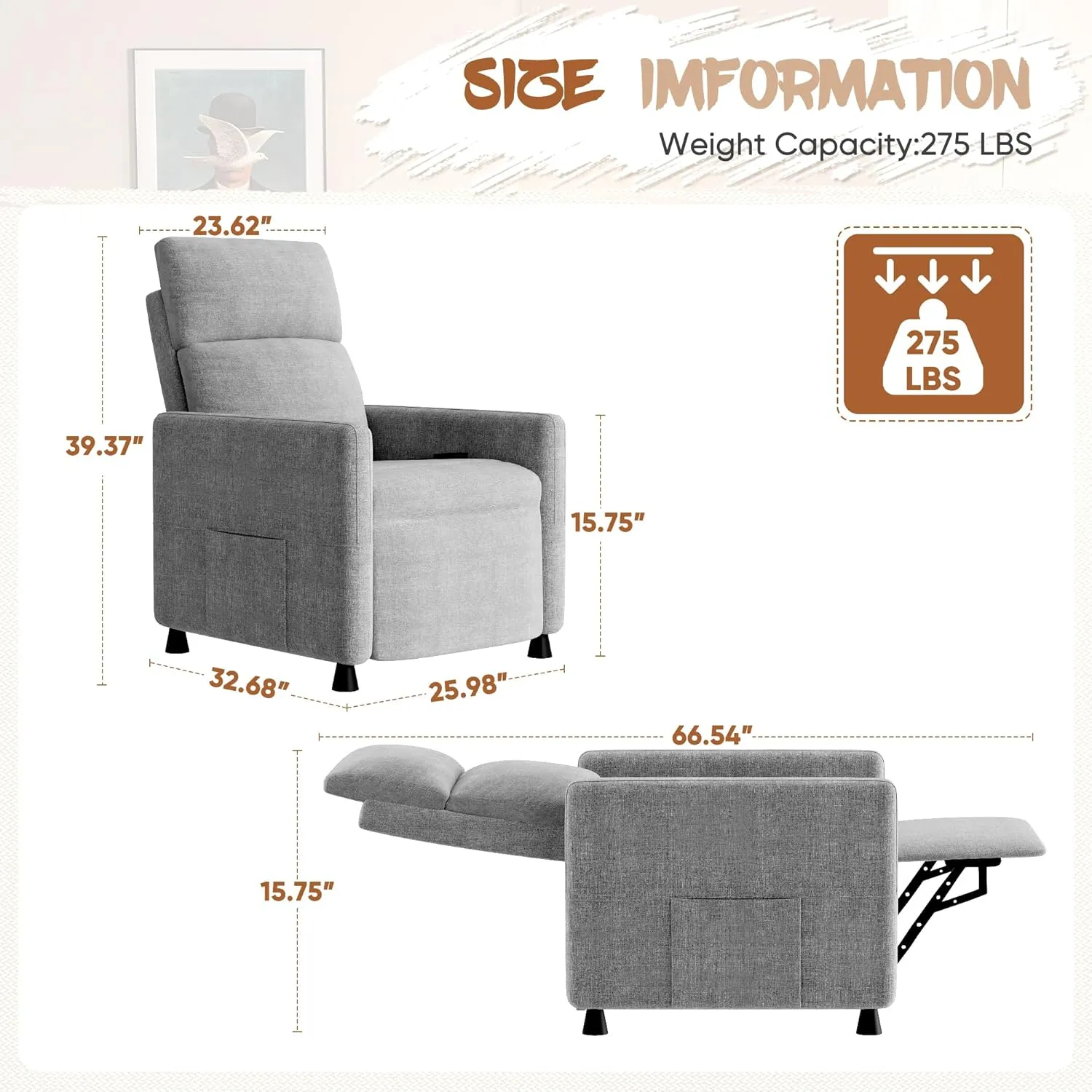 Homall Recliner Chair for Living Room, Recliner Sofa Home Theater Seating with Remote Control Adjustable Backrest and Footrest, Reclining Chairs for Adults (Fabric, Light Grey)
