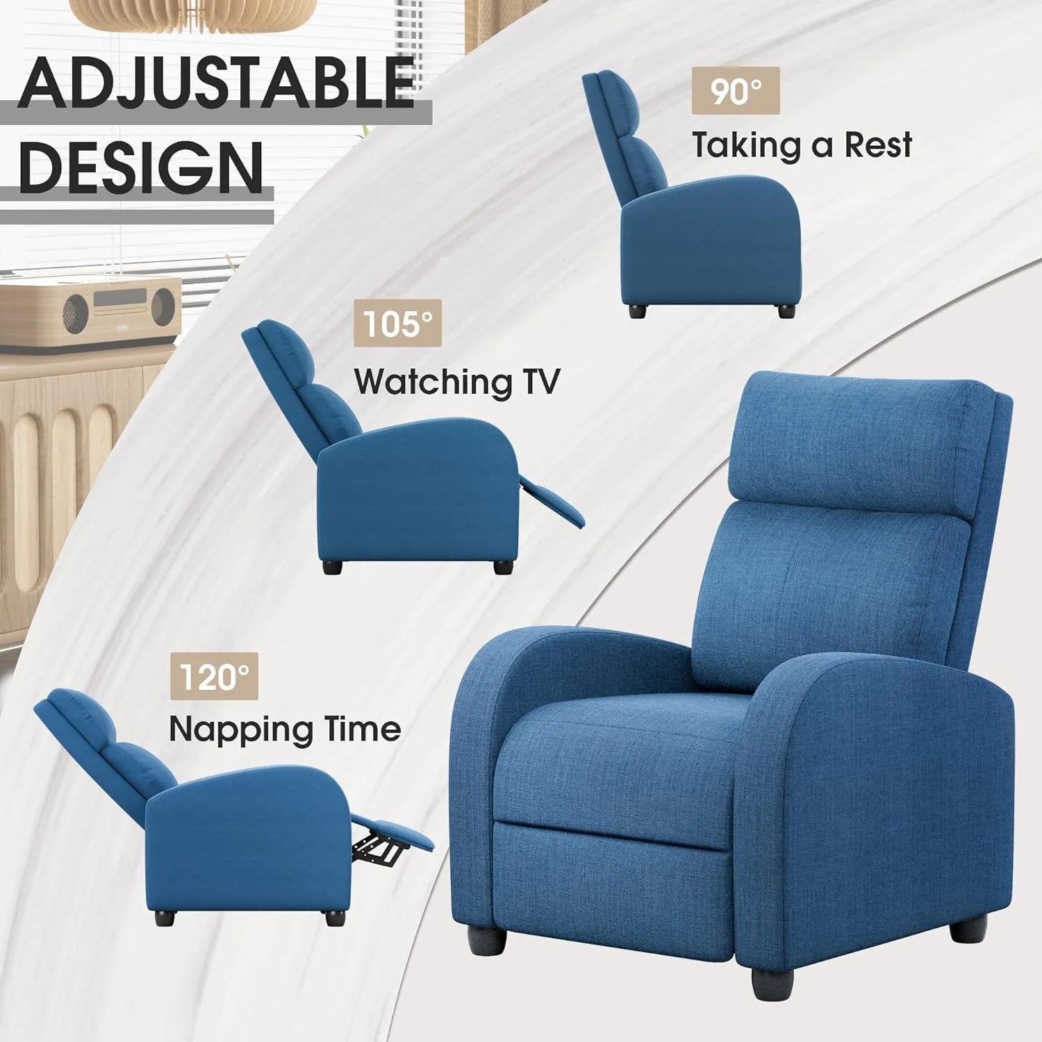 Homall Recliner Chair, Recliner Sofa for Adults, Recliners Home Theater Seating with Lumbar Support, Reclining Sofa Chair for Living Room (Fabric, Dark Blue)