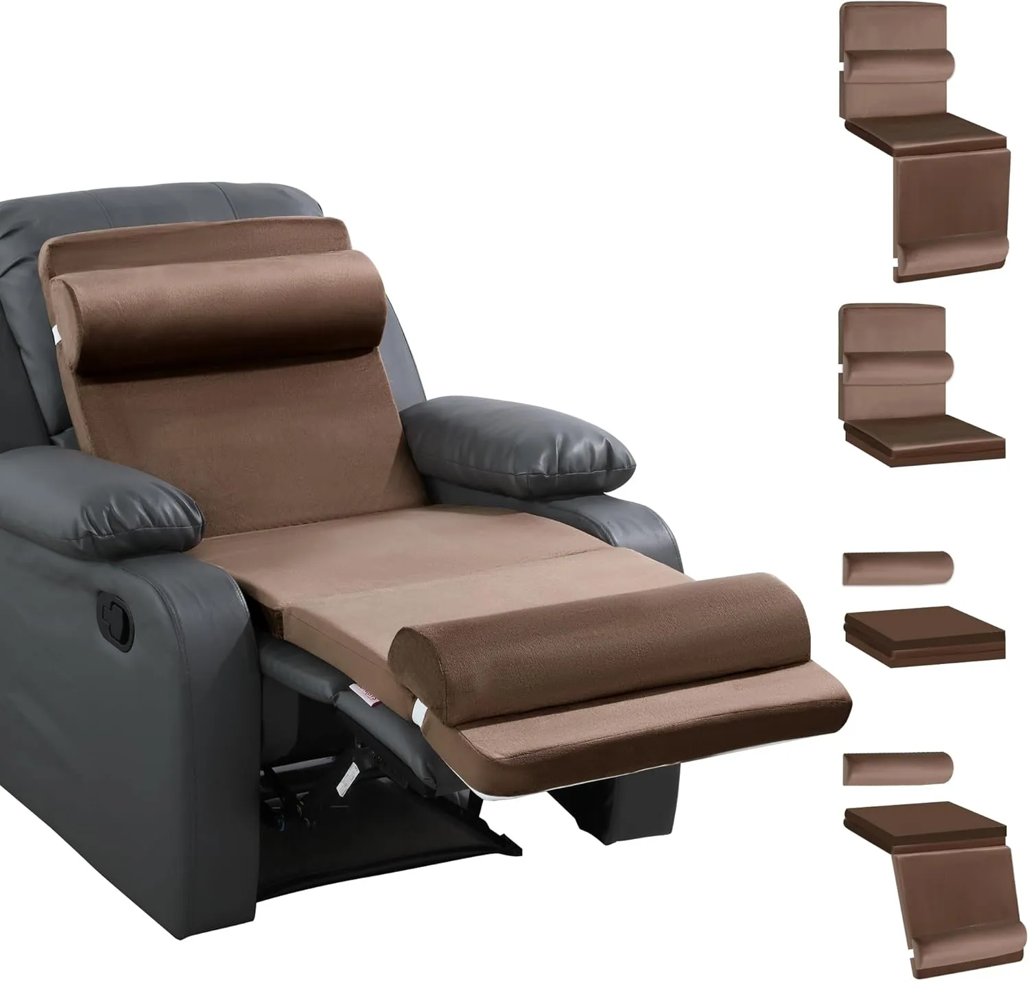 HOMBYS 5-in-1 Recliner Seat Cushion for Elderly Lumbar Support Pillow   Leg Pad, with Adjustable Half Moon Neck Pillow & Footrest, Foam Filling with Velvet Fabric, Thick & Non-Slip, Brown