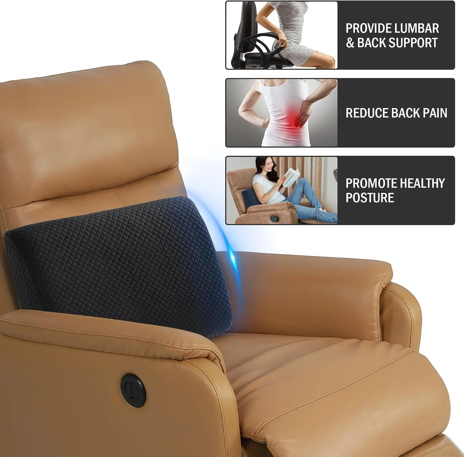 HOMBYS Lumbar Support Pillow for Recliner Chair, Memory Foam Back Support Cushion for Elderly,Extra Large Lumbar Support Pillow,Thick Backrest for Home Reading (Black, 20“x13.5"x5")