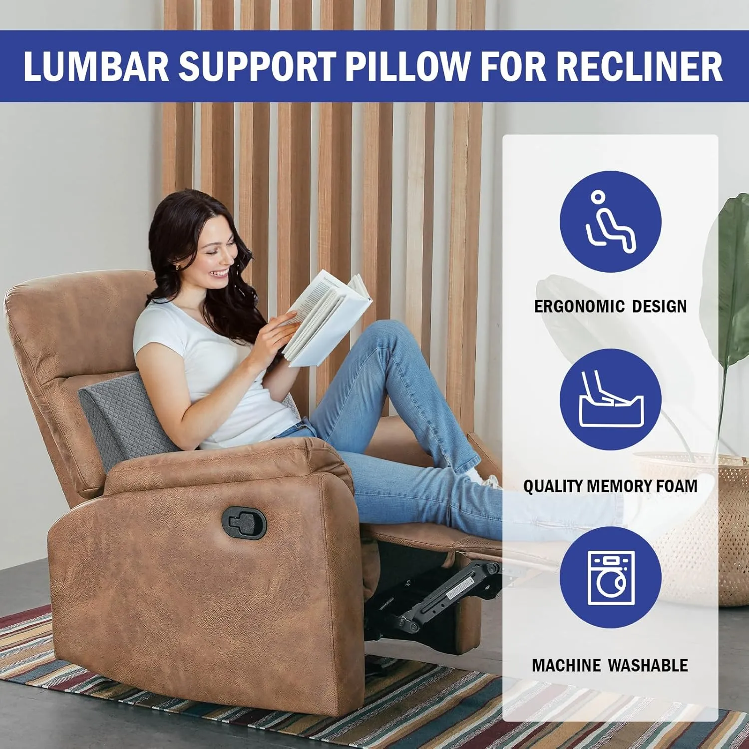 HOMBYS Lumbar Support Pillow for Recliner Chair, Memory Foam Back Support Cushion for Elderly,Extra Large Lumbar Support Pillow,Thick Backrest for Home Reading (Grey, 20“x13.5"x5")
