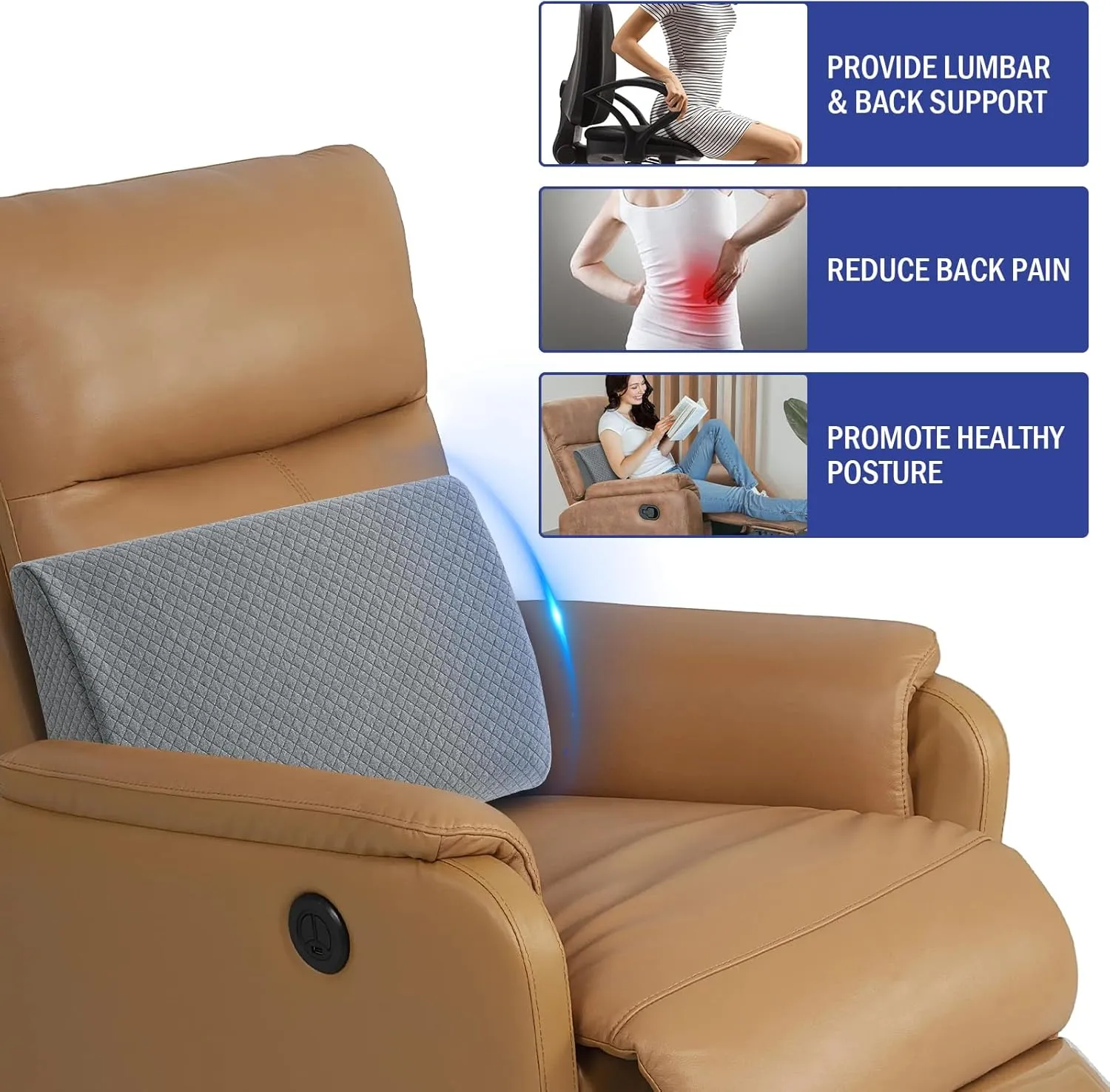 HOMBYS Lumbar Support Pillow for Recliner Chair, Memory Foam Back Support Cushion for Elderly,Extra Large Lumbar Support Pillow,Thick Backrest for Home Reading (Grey, 20“x13.5"x5")