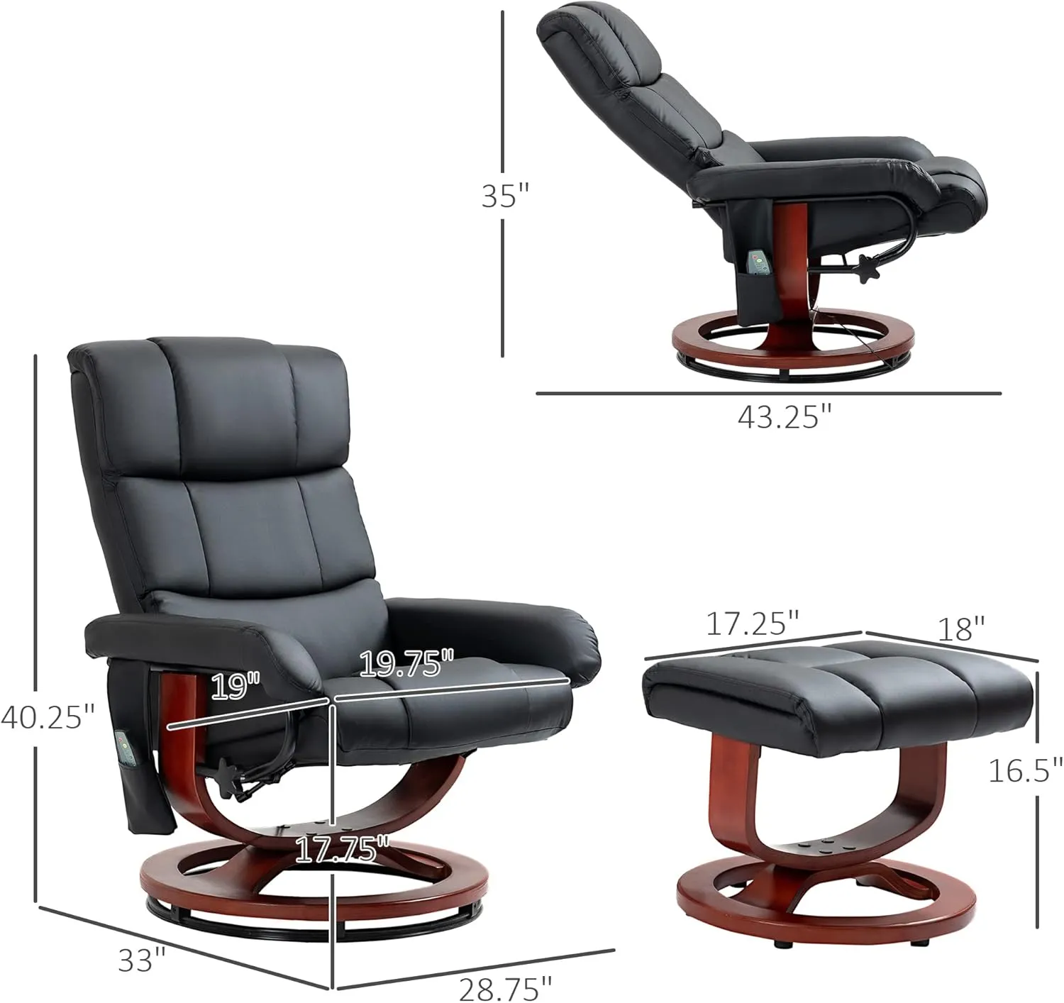 HOMCOM Massage Recliner Chair with Ottoman, Swivel Recliner and Footrest, Faux Leather Reclining Chair with Remote Control, 10 Vibration Points and Side Pocket, Black