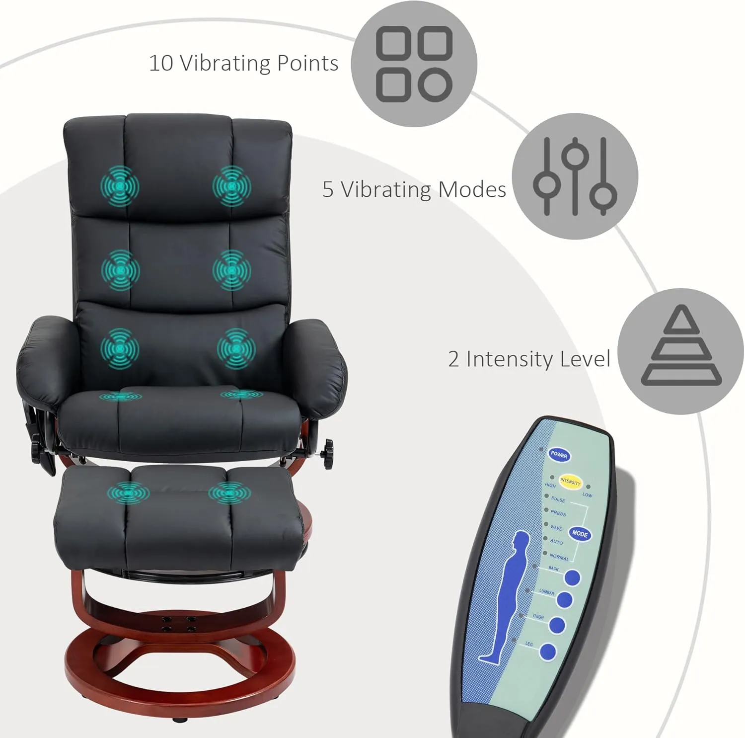 HOMCOM Massage Recliner Chair with Ottoman, Swivel Recliner and Footrest, Faux Leather Reclining Chair with Remote Control, 10 Vibration Points and Side Pocket, Black