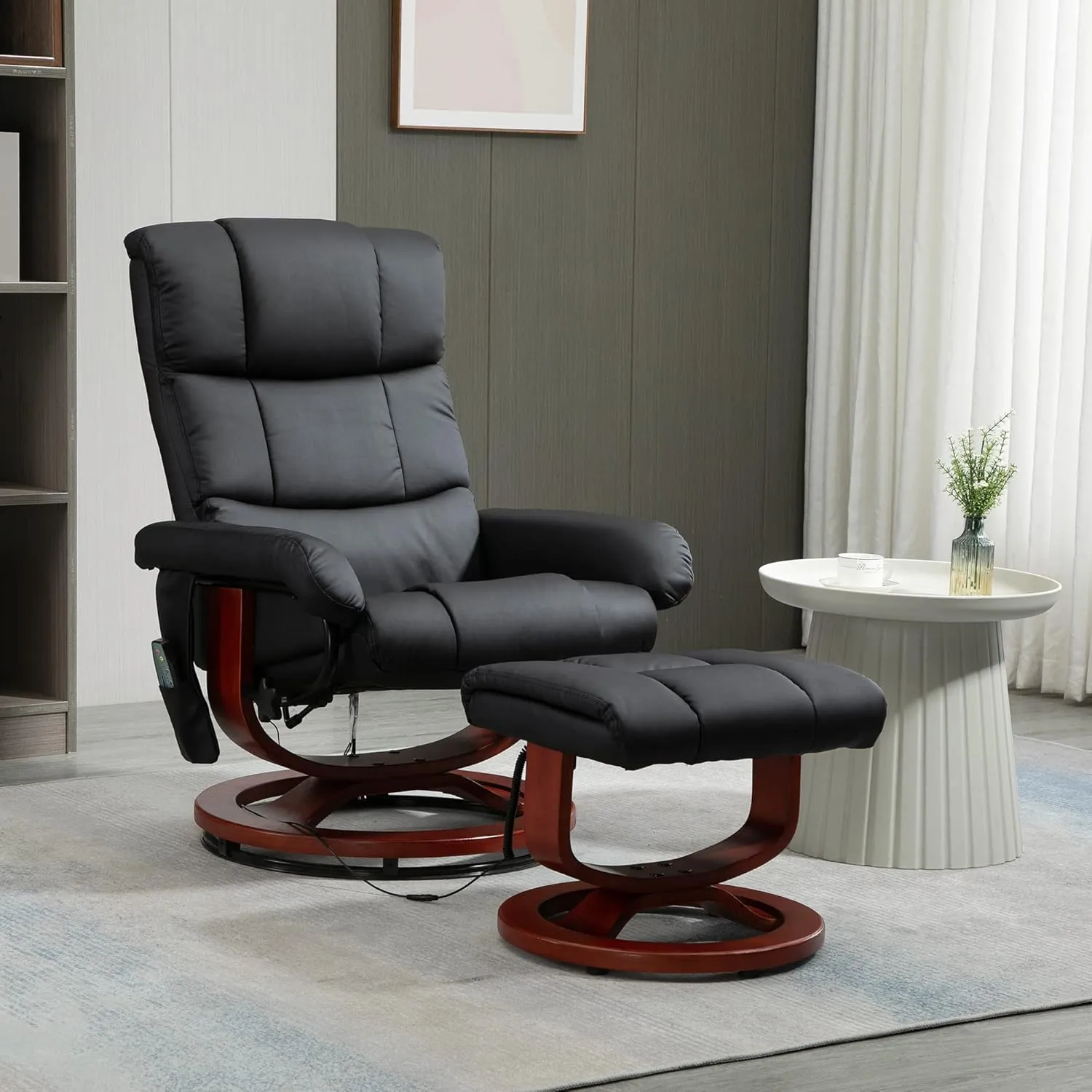 HOMCOM Massage Recliner Chair with Ottoman, Swivel Recliner and Footrest, Faux Leather Reclining Chair with Remote Control, 10 Vibration Points and Side Pocket, Black