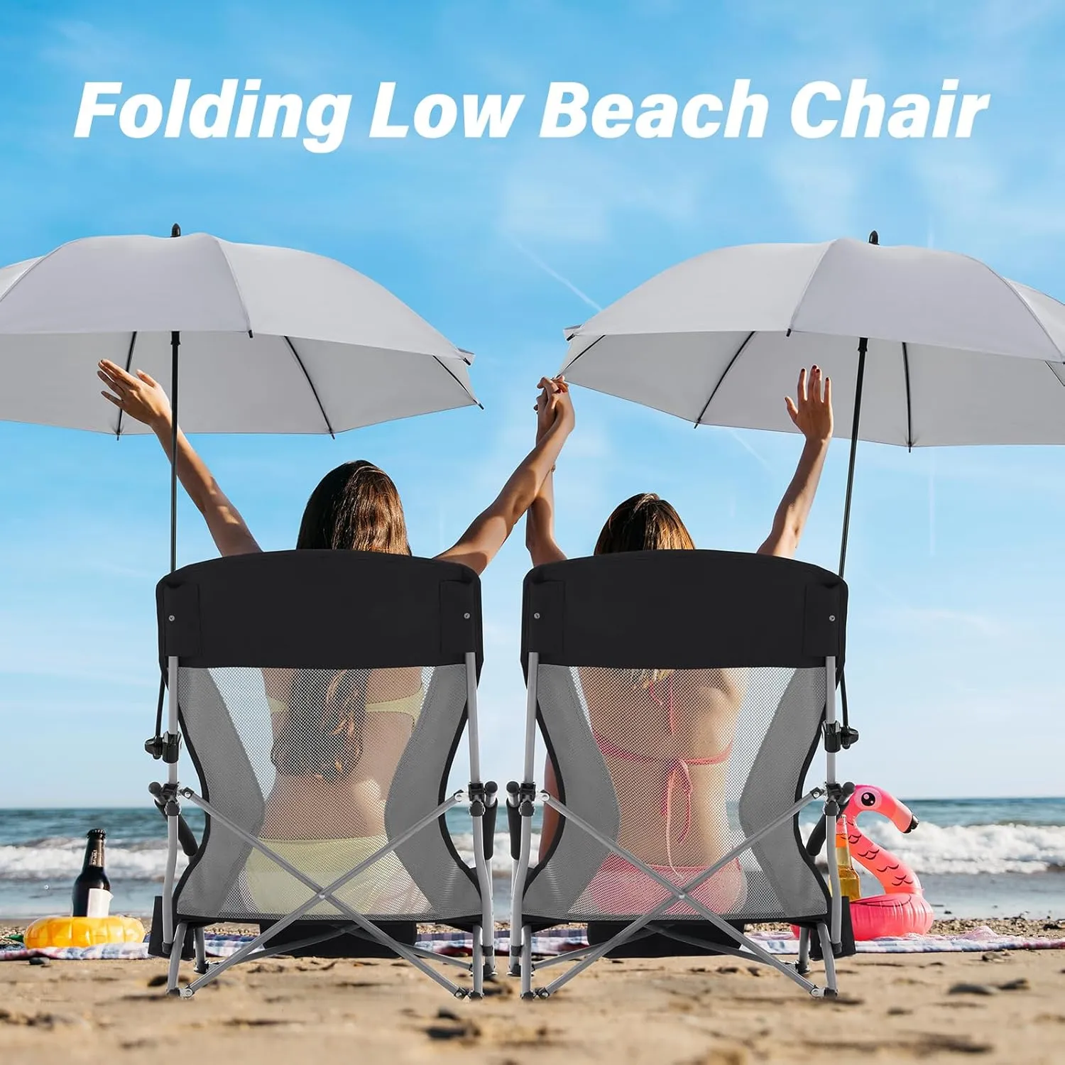 Homcosan Portable Low Folding Beach Chairs Set of 2 with Detachable Umbrellas - Lightweight Camping Chairs for Adults with Cup Holder & Storage Pockets, Carry Bag Included (Black & Gray)
