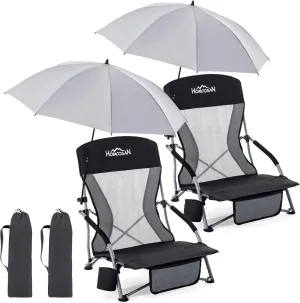 Homcosan Portable Low Folding Beach Chairs Set of 2 with Detachable Umbrellas - Lightweight Camping Chairs for Adults with Cup Holder & Storage Pockets, Carry Bag Included (Black & Gray)