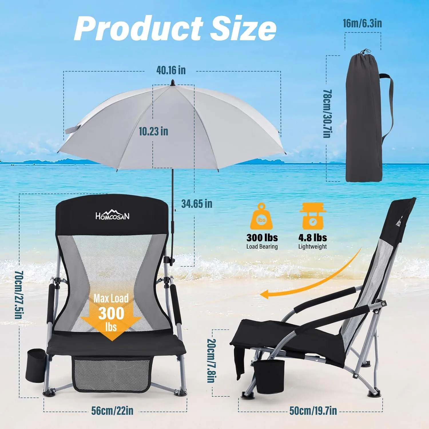 Homcosan Portable Low Folding Beach Chairs Set of 2 with Detachable Umbrellas - Lightweight Camping Chairs for Adults with Cup Holder & Storage Pockets, Carry Bag Included (Black & Gray)