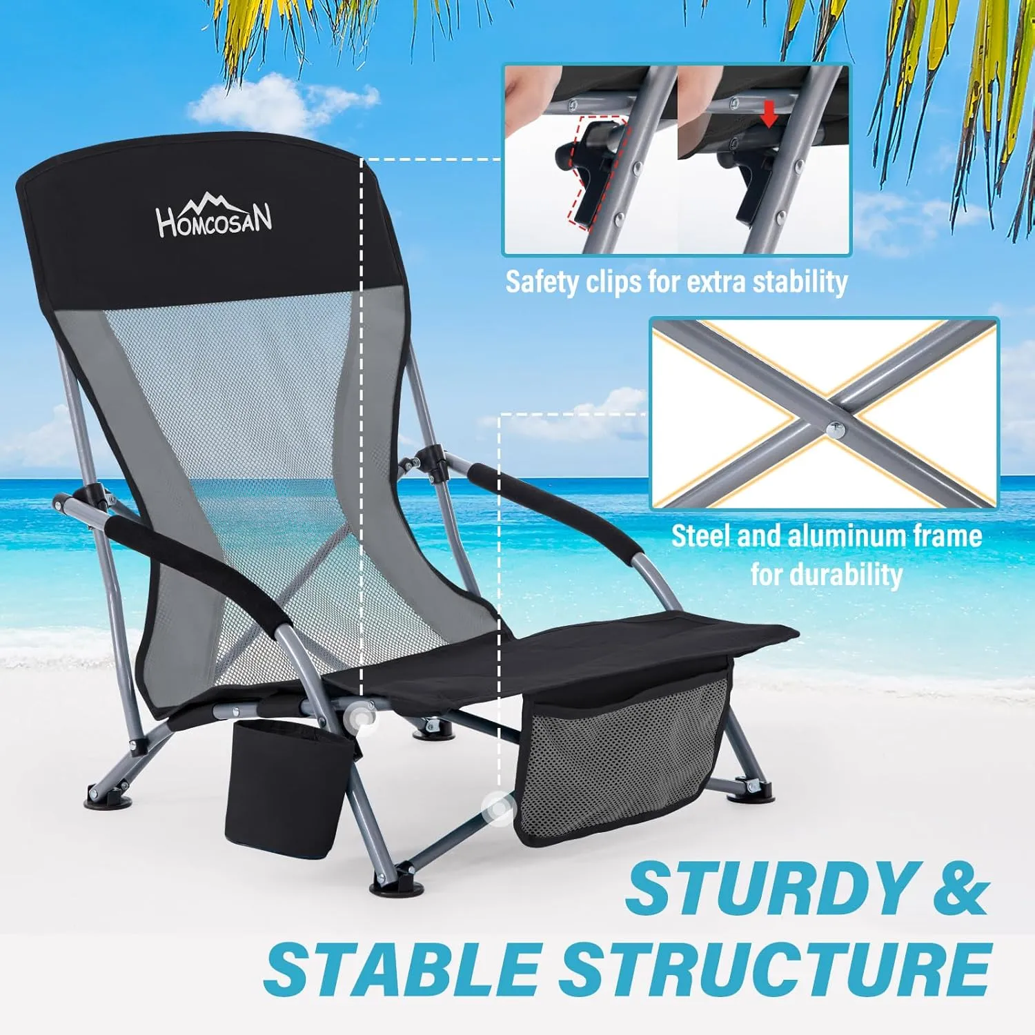 Homcosan Portable Low Folding Beach Chairs Set of 2 with Detachable Umbrellas - Lightweight Camping Chairs for Adults with Cup Holder & Storage Pockets, Carry Bag Included (Black & Gray)