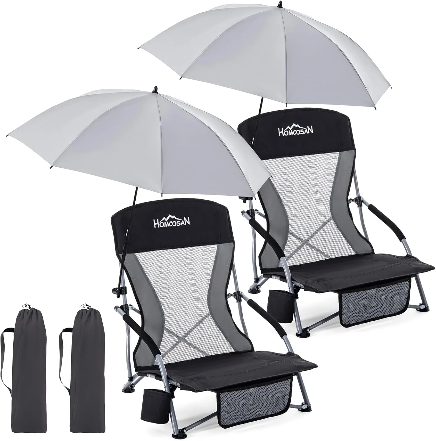 Homcosan Portable Low Folding Beach Chairs Set of 2 with Detachable Umbrellas - Lightweight Camping Chairs for Adults with Cup Holder & Storage Pockets, Carry Bag Included (Black & Gray)