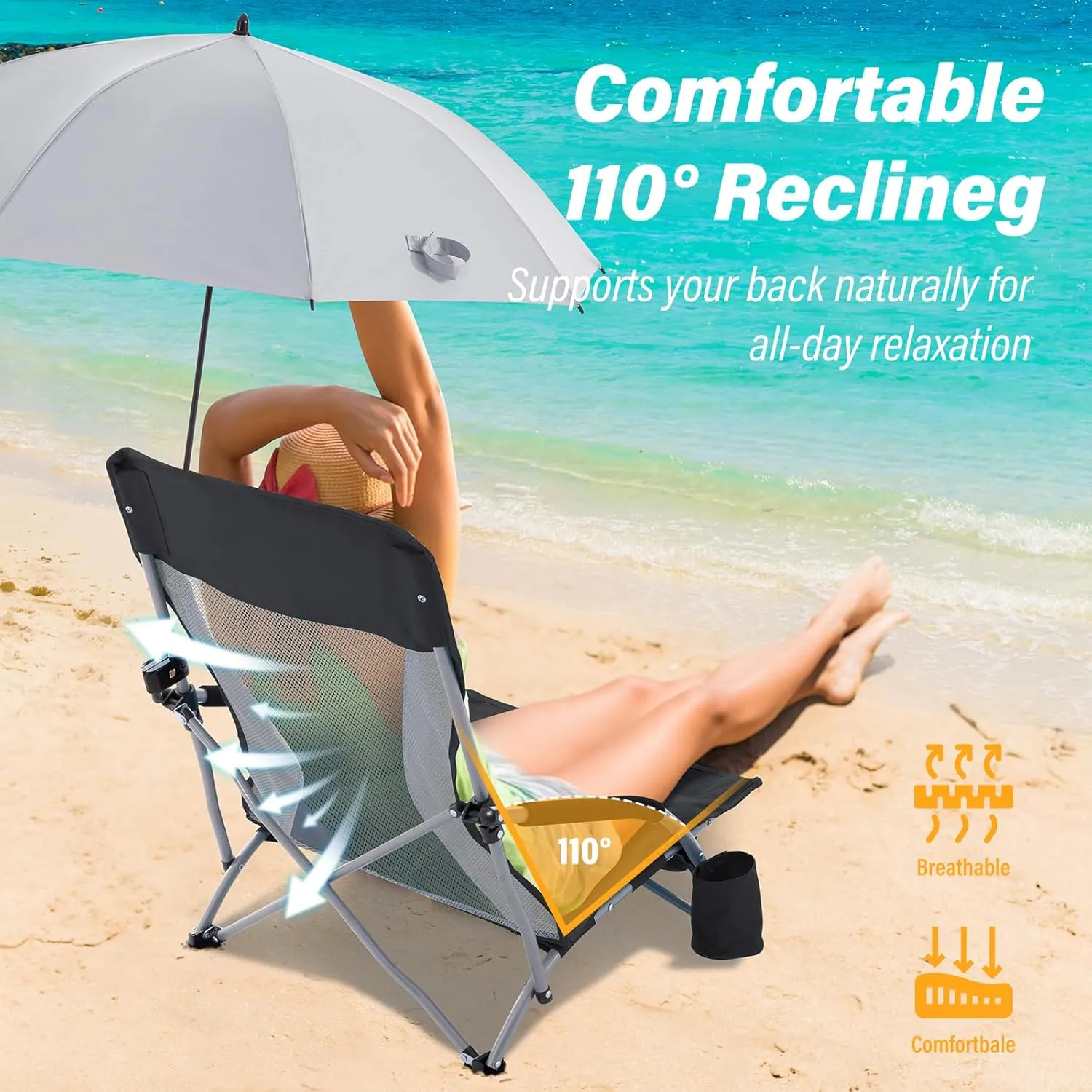 Homcosan Portable Low Folding Beach Chairs Set of 2 with Detachable Umbrellas - Lightweight Camping Chairs for Adults with Cup Holder & Storage Pockets, Carry Bag Included (Black & Gray)