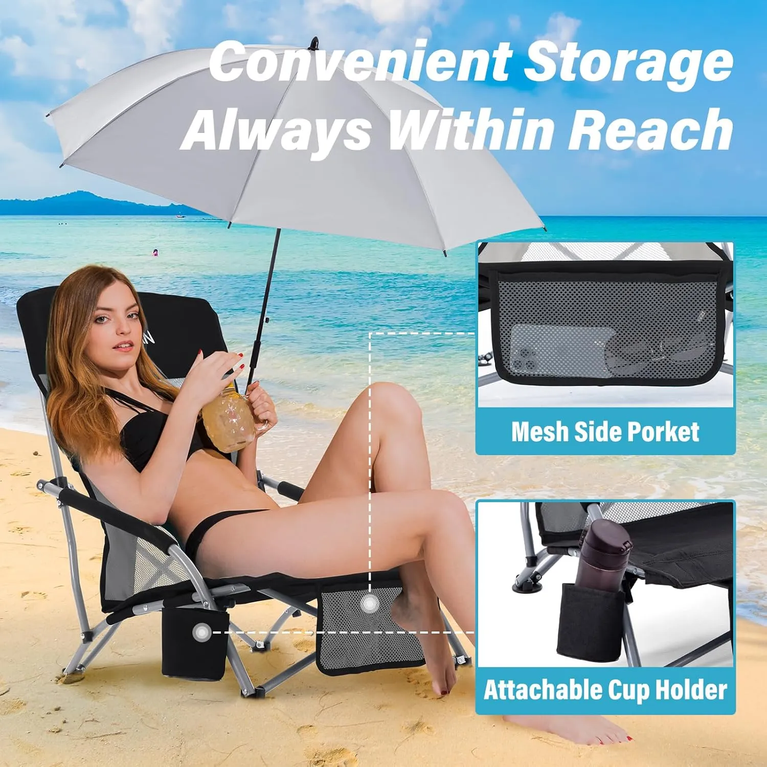 Homcosan Portable Low Folding Beach Chairs Set of 2 with Detachable Umbrellas - Lightweight Camping Chairs for Adults with Cup Holder & Storage Pockets, Carry Bag Included (Black & Gray)