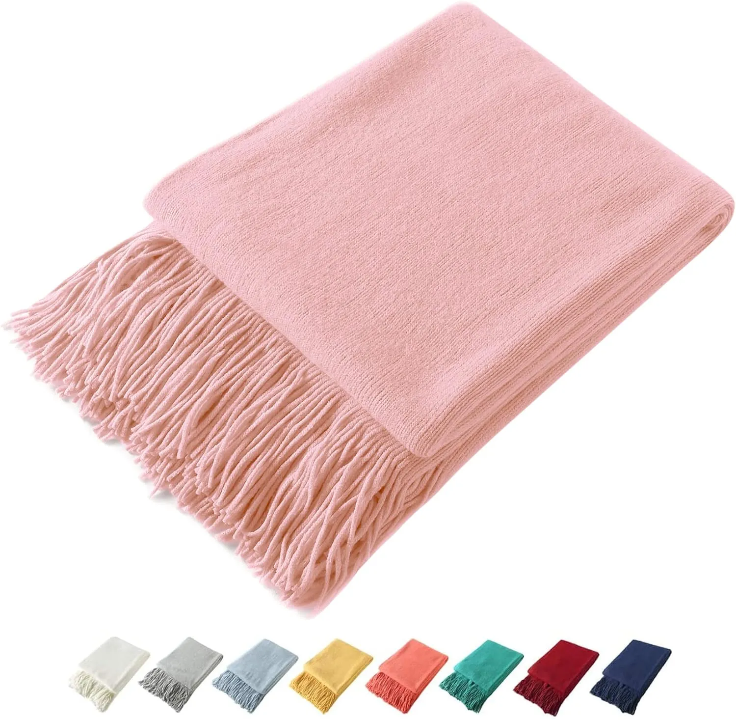 Homiest Decorative Knitted Throw Blanket with Fringe, Lightweight Acrylic Knit, Soft & Cozy Tassel Blanket for Couch, Sofa, Bed (Baby Pink, 50 x 60 Inch)