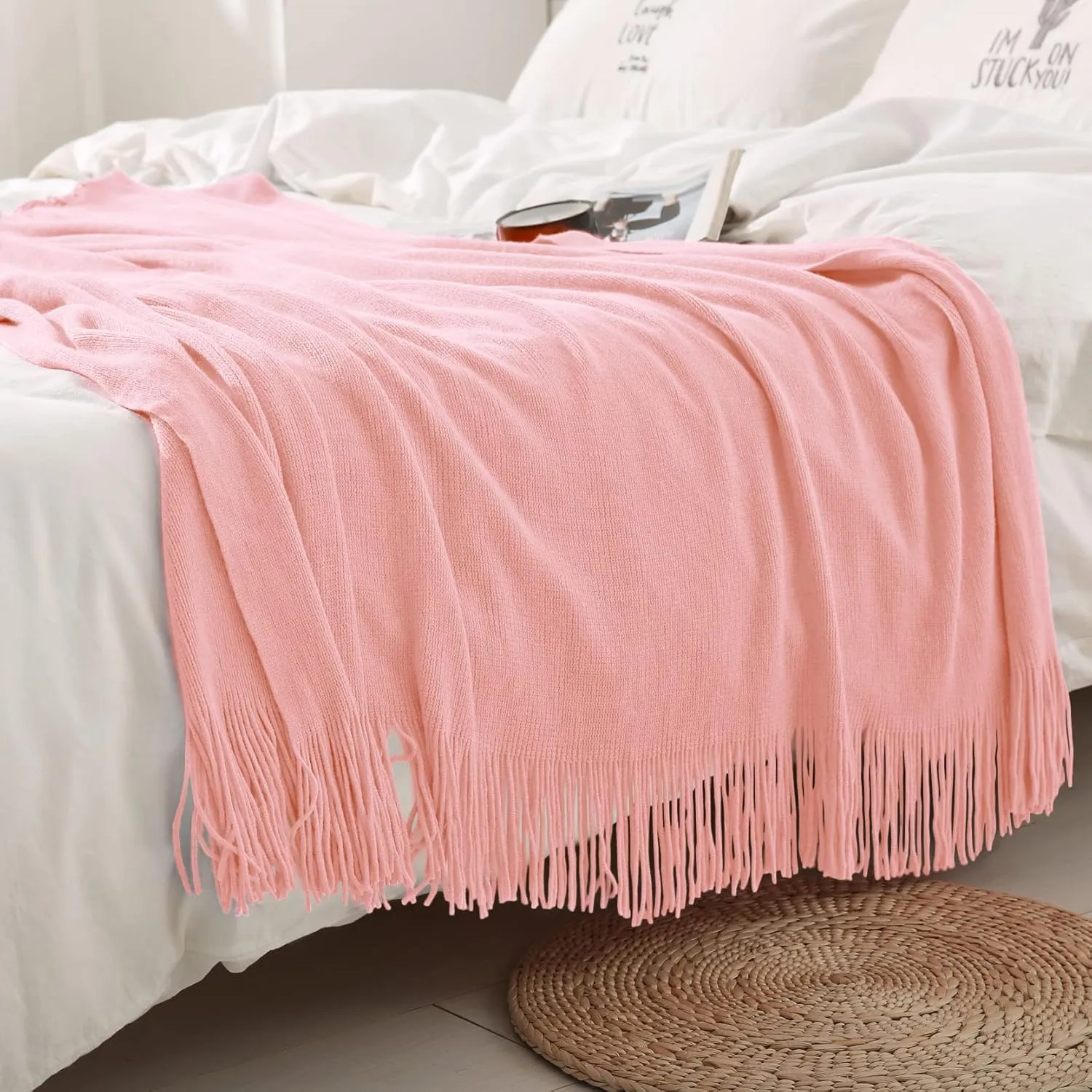 Homiest Decorative Knitted Throw Blanket with Fringe, Lightweight Acrylic Knit, Soft & Cozy Tassel Blanket for Couch, Sofa, Bed (Baby Pink, 50 x 60 Inch)