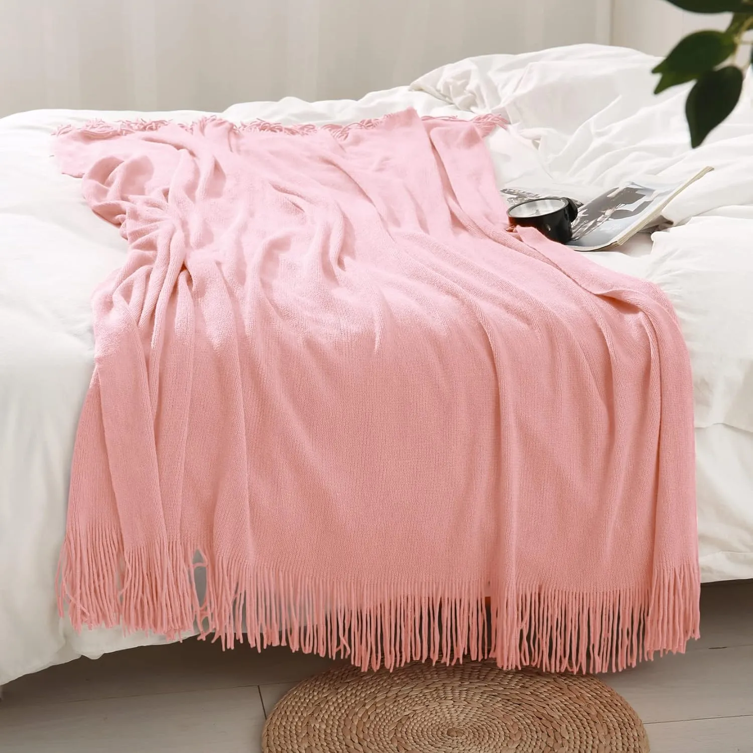 Homiest Decorative Knitted Throw Blanket with Fringe, Lightweight Acrylic Knit, Soft & Cozy Tassel Blanket for Couch, Sofa, Bed (Baby Pink, 50 x 60 Inch)