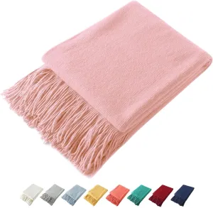Homiest Decorative Knitted Throw Blanket with Fringe, Lightweight Acrylic Knit, Soft & Cozy Tassel Blanket for Couch, Sofa, Bed (Baby Pink, 50 x 60 Inch)