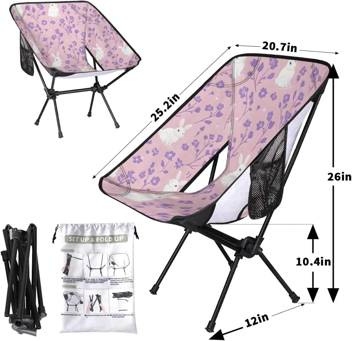 Honeybaby Folding Camping Chair Floral Rabbits Camping Chairs Lightweight Portable Chair Outdoor Foldable Chairs for Camping Travel Picnic Beach Hiking