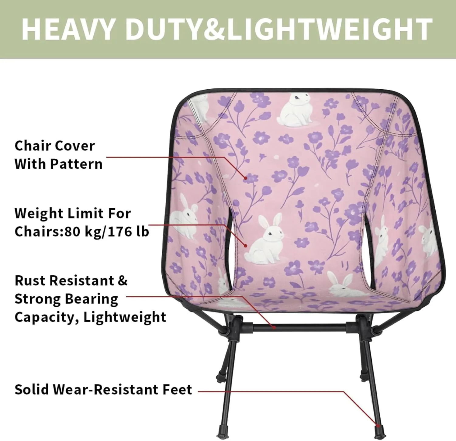 Honeybaby Folding Camping Chair Floral Rabbits Camping Chairs Lightweight Portable Chair Outdoor Foldable Chairs for Camping Travel Picnic Beach Hiking
