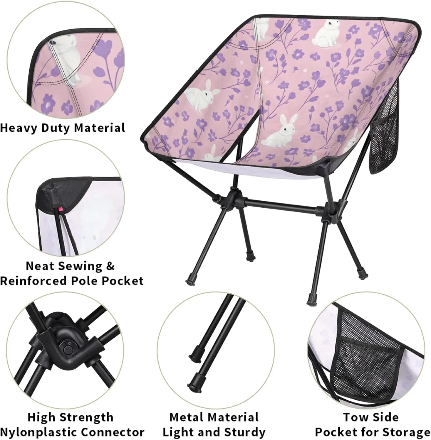 Honeybaby Folding Camping Chair Floral Rabbits Camping Chairs Lightweight Portable Chair Outdoor Foldable Chairs for Camping Travel Picnic Beach Hiking