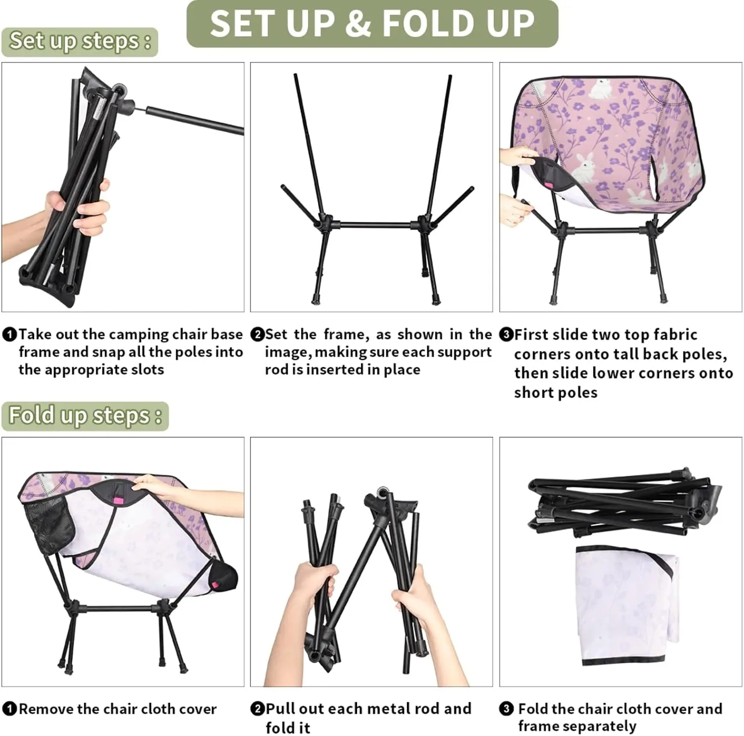 Honeybaby Folding Camping Chair Floral Rabbits Camping Chairs Lightweight Portable Chair Outdoor Foldable Chairs for Camping Travel Picnic Beach Hiking