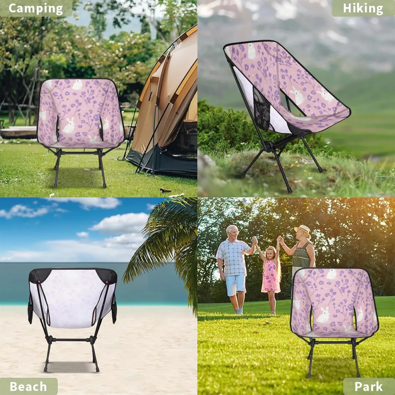 Honeybaby Folding Camping Chair Floral Rabbits Camping Chairs Lightweight Portable Chair Outdoor Foldable Chairs for Camping Travel Picnic Beach Hiking