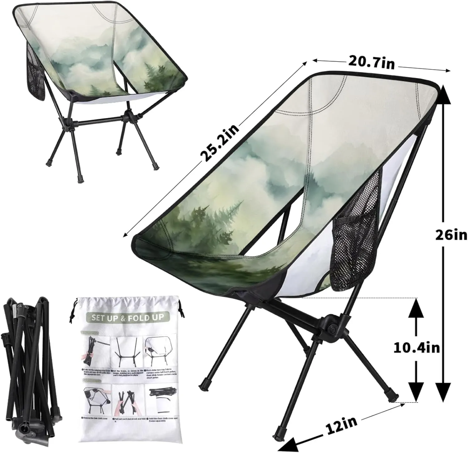Honeybaby Folding Camping Chair Foggy Forest Camping Chairs Lightweight Portable Chair Outdoor Foldable Chairs for Camping Travel Picnic Beach Hiking
