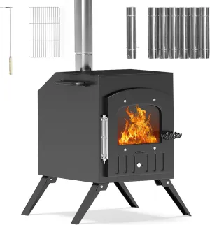 HOPUBUY Wood Stove Hot Tent Stove, Portable Camping Wood Burning Stove for Outdoor Cooking, Small Wood Stove with 7 Stainless Chimney Pipes,Larger Heating Range