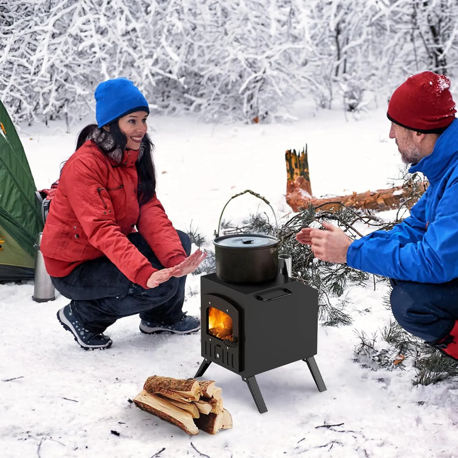 HOPUBUY Wood Stove Hot Tent Stove, Portable Camping Wood Burning Stove for Outdoor Cooking, Small Wood Stove with 7 Stainless Chimney Pipes,Larger Heating Range